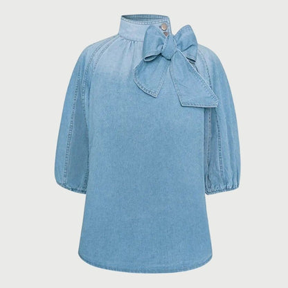 Dam Jeansblus Puffärmar Denim Midjeanpassad 3