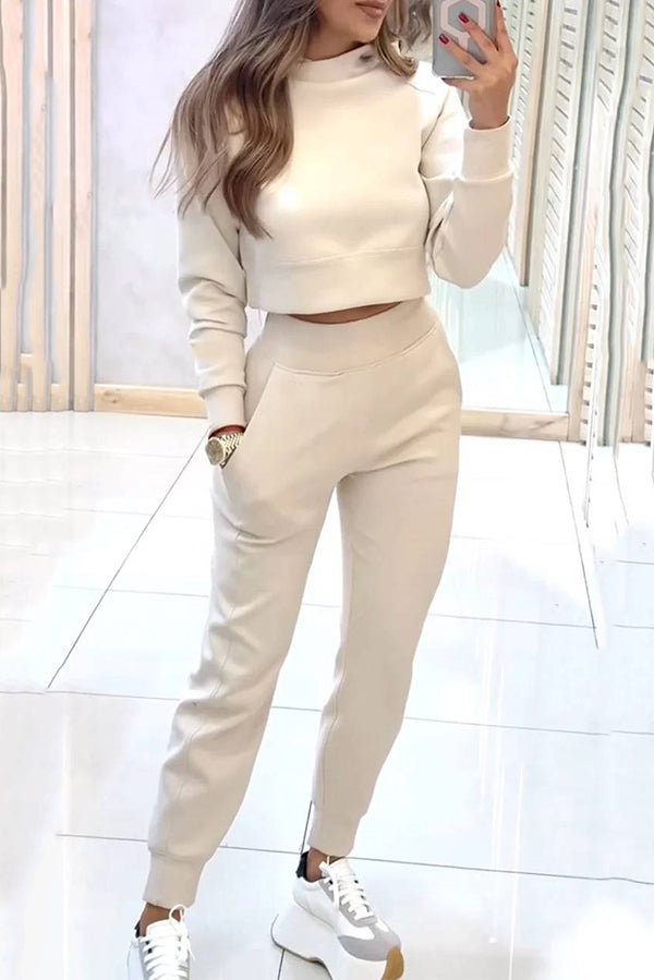 Kvinnors Höstset Långärmad Crop Top och Byxor Mjuk Tygblandning-6