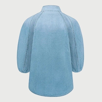 Dam Jeansblus Puffärmar Denim Midjeanpassad 4