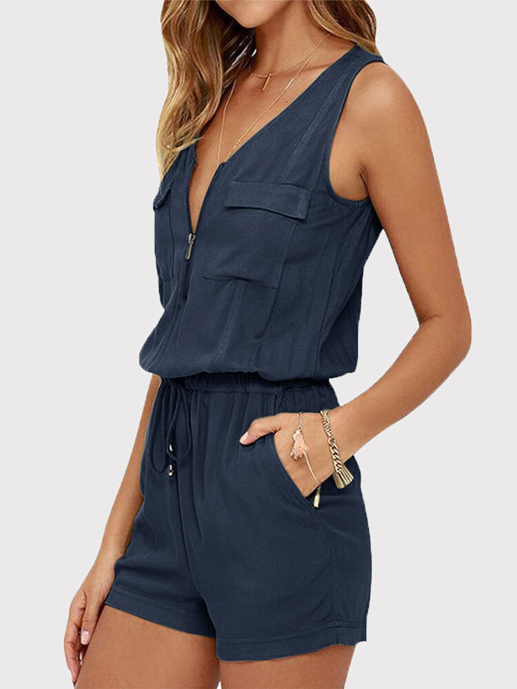 Kvinnors V-ringad Ärmlös Jumpsuit med Elastisk Midja – Chic och Bekväm för Varma Dagar, Finns i Flera Färger 7