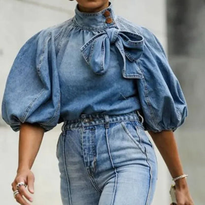 Dam Jeansblus Puffärmar Denim Midjeanpassad 1