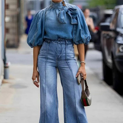 Dam Jeansblus Puffärmar Denim Midjeanpassad 2