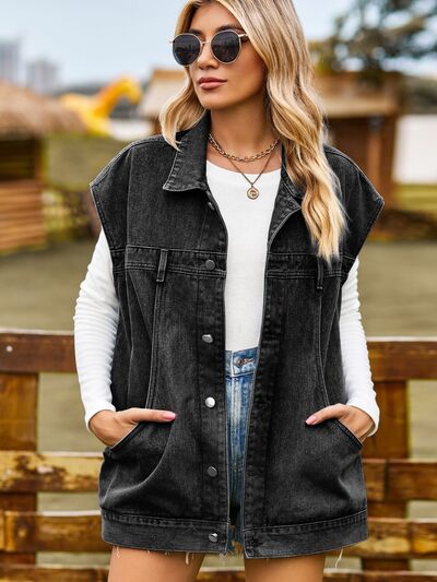 Dam Ärmlös Denimjacka Med Knappar Avslappnad Design-1