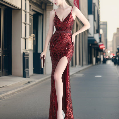 Dam Aftonklänning med Paljetter och Sidoslits i Polyester-5