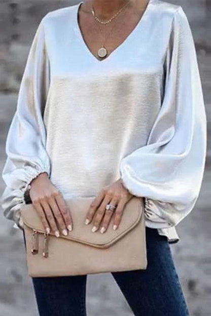 Dam Topp V-ringning Lykta Ärmar Bomull Polyester-2