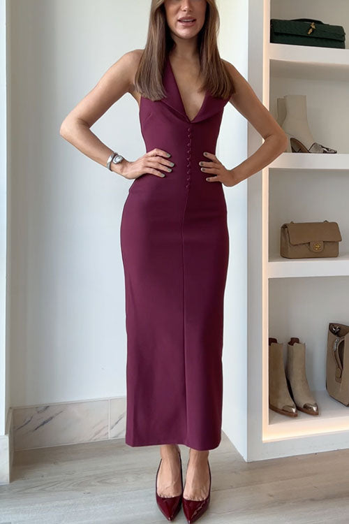 Kvinnors Midi Klänning V-ringning Knappdetaljer Bomull Polyester-5