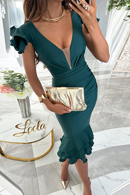 Fina Dam Klänningar Midi V-ringning Rynkad Bomull Polyester-1