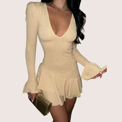 Kvinnors Glittrig Miniklänning Djup V-ringning Ruffles Stretchigt Tyg-4