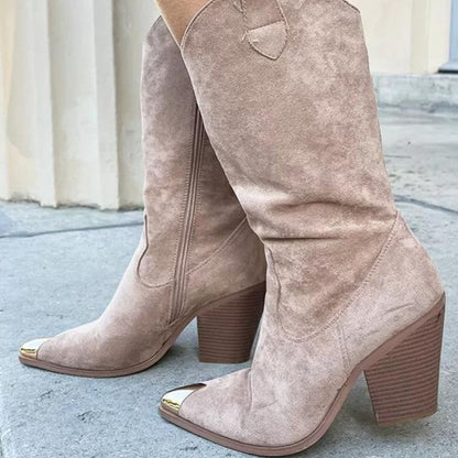 Dam Stövlar Blockhäl Läder Taupe-2