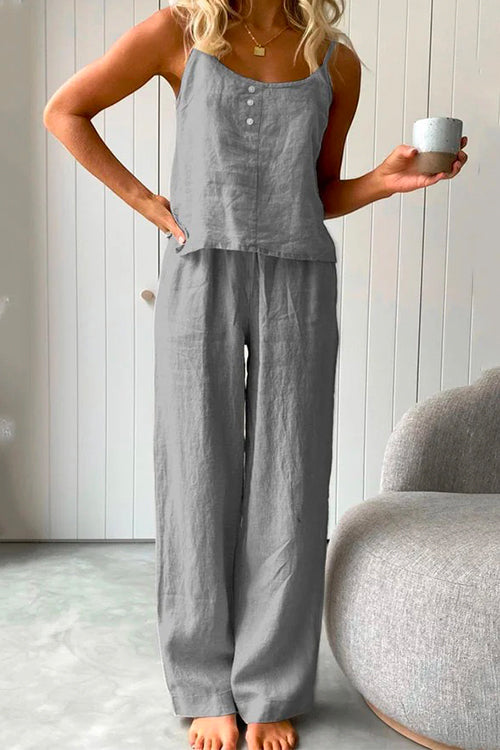 Variant image for Dam Loungewear Set Avslappnad Cami Top och Vida Byxor i Bomull och Linne-9