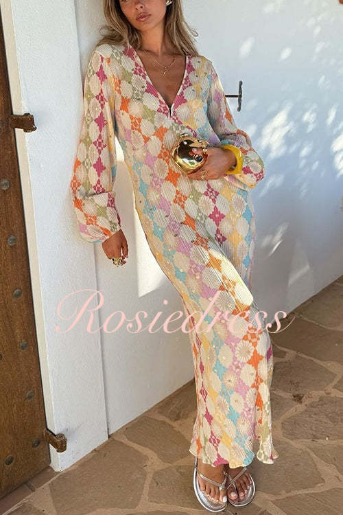 Dam Maxiklänning V-ringning Lykta Ärmar Geometrisk Design Bomull Polyester-5