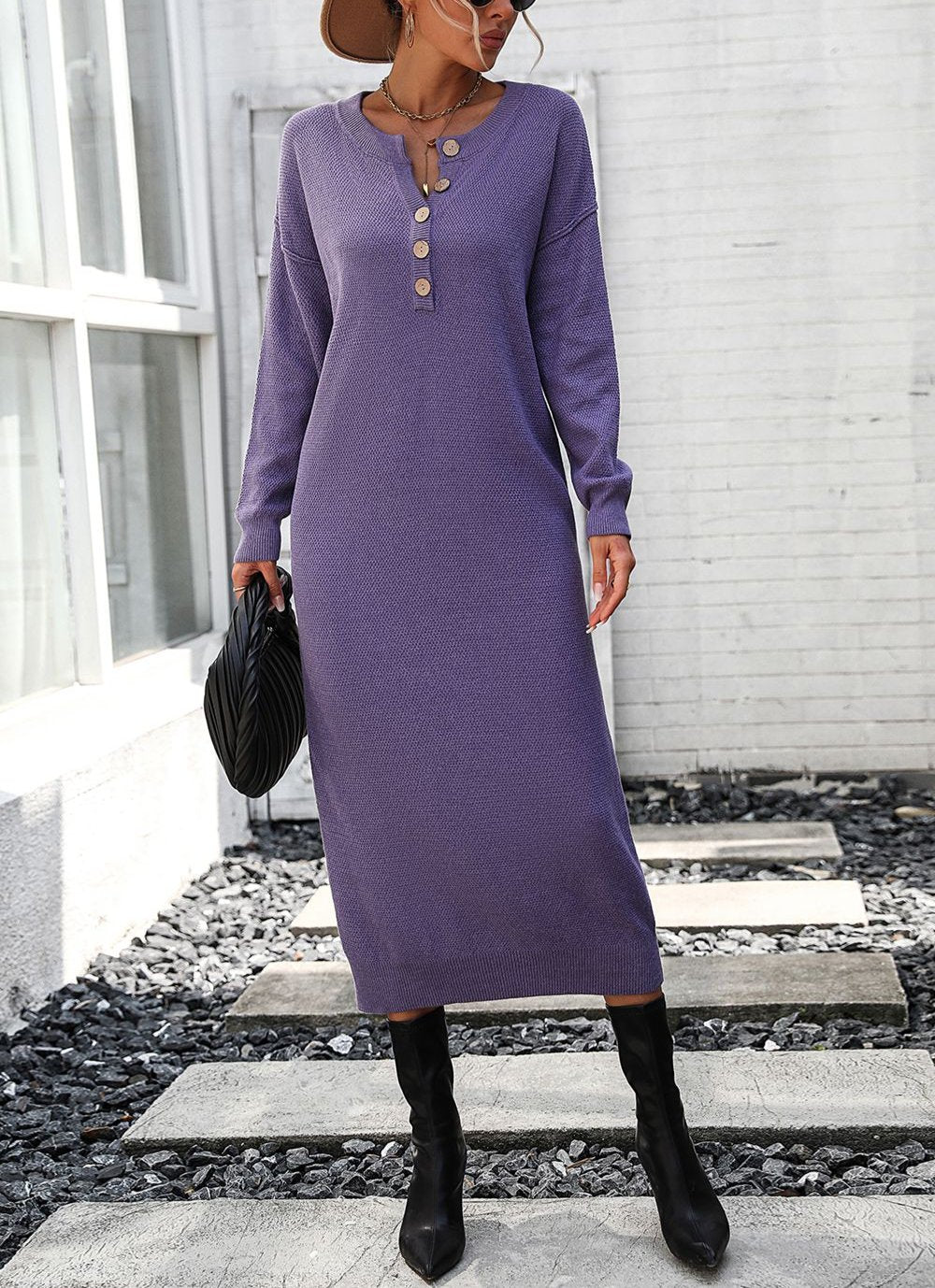 Variant image for Kvinnors Lång Klänning Elegant Mjuk Tygblandning med Knappdetaljer-25