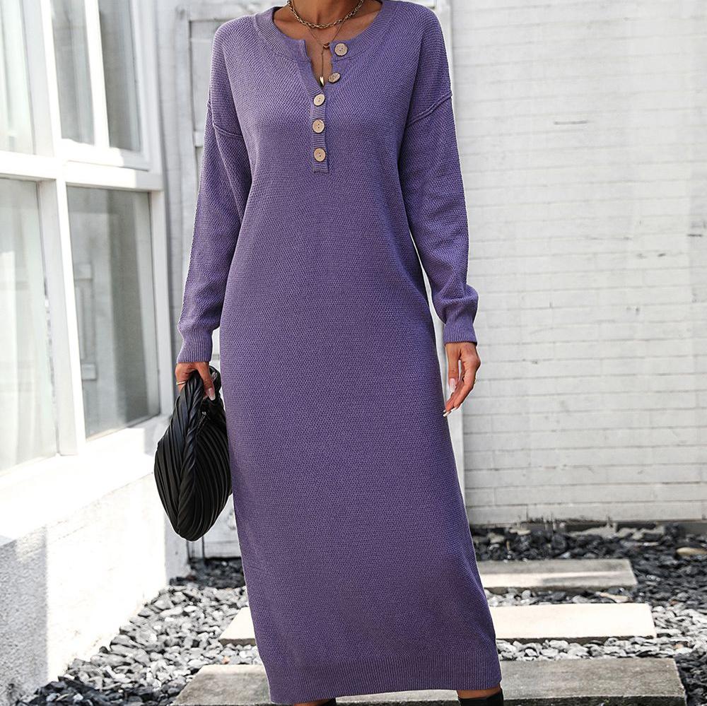 Kvinnors Vinterklänning Långärmad Stickad med Knappdetaljer-6