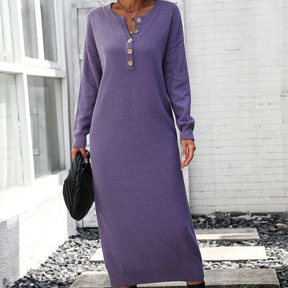 Kvinnors Vinterklänning Långärmad Stickad med Knappdetaljer-6