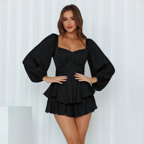 Kvinna Miniklänning Långa Ärmar Skiktkjol Högkvalitativt Tyg-1