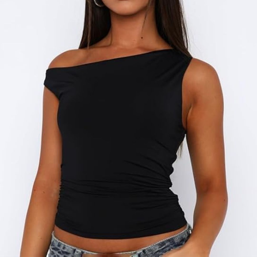 Dam Crop Top Asymmetrisk Design Stretch Polyester-3