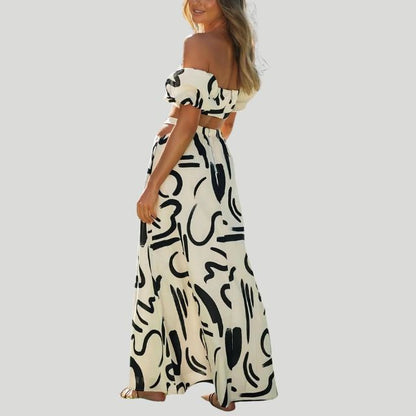 Dam Tvådelad Set Axelfri Puffärmar Polyester med Utskuren Detalj-6