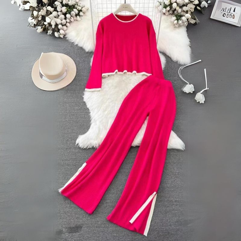 Dam Tvådelad Outfit Ribbade Byxor Fransad Jacka Mjuk Textil-4