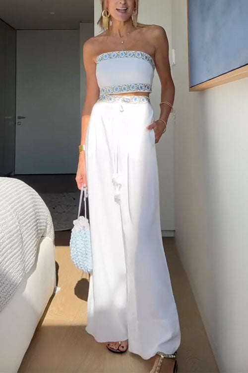 Dam Set Blommig Crop Top Vida Byxor Bomull Polyester-3