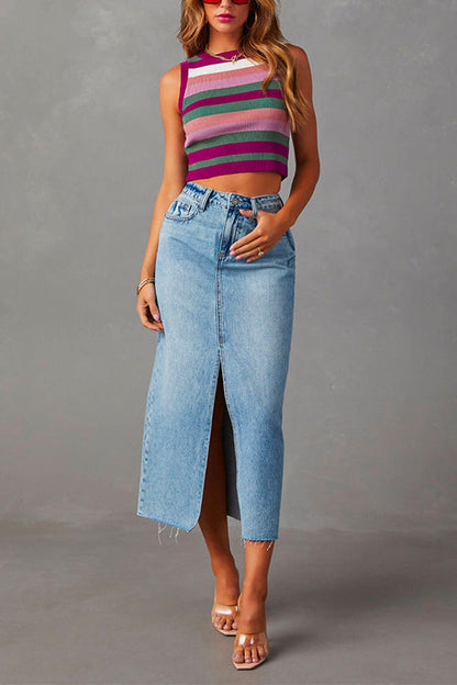 Dam Midi Kjol Hög Midja Denim-1