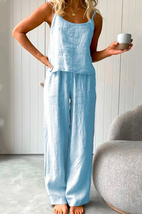 Dam Loungewear Set Avslappnad Cami Top och Vida Byxor i Bomull och Linne-3