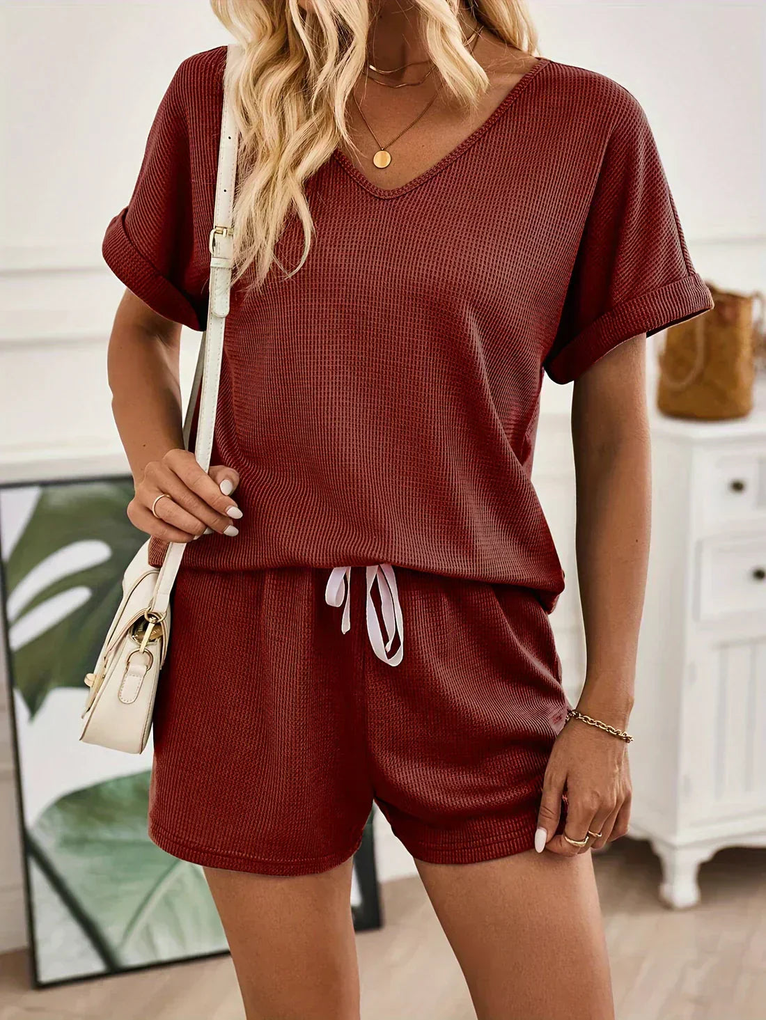 Variant image for Kvinnors Lounge Set V-Hals Lätt Material Justerbar Snörning-11