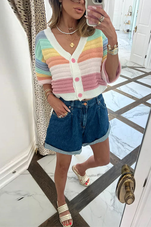 Stickad Dam Tröja V-hals med Knappar och Randigt Mönster i Ribbad Stickning-2