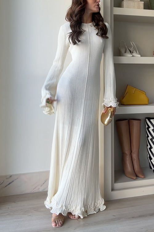 Maxi Klänning Dam med Klockärmar och Rynkade Detaljer i Bomull och Polyester-4