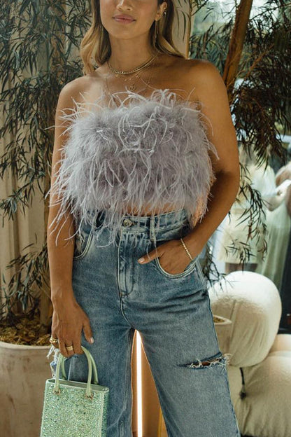 Variant image for Festtoppar Dam Stropplös Topp med Fjäderdetaljer i Konstgjorda Fjädrar-1