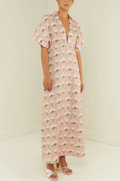 Maxiklänning Dam Blommig V-ringning Kortärmad Sommar Bomull Polyester-5