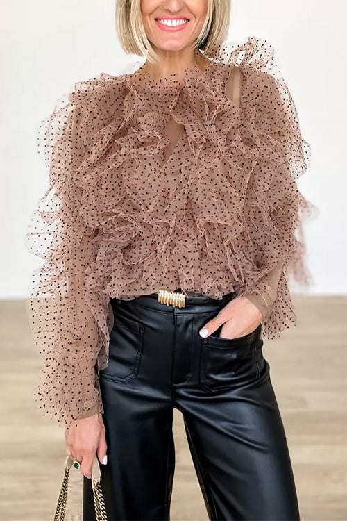 Dam Blus Långärmad Rynkad Nätmaterial med Punktmönster-2