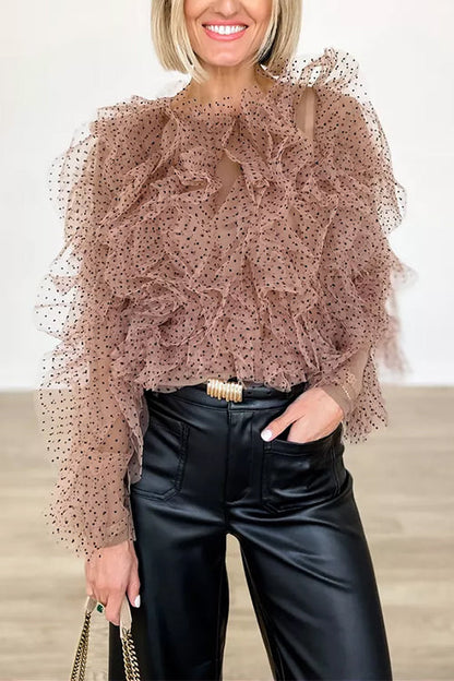 Dam Blus Långärmad Rynkad Nätmaterial med Punktmönster-2