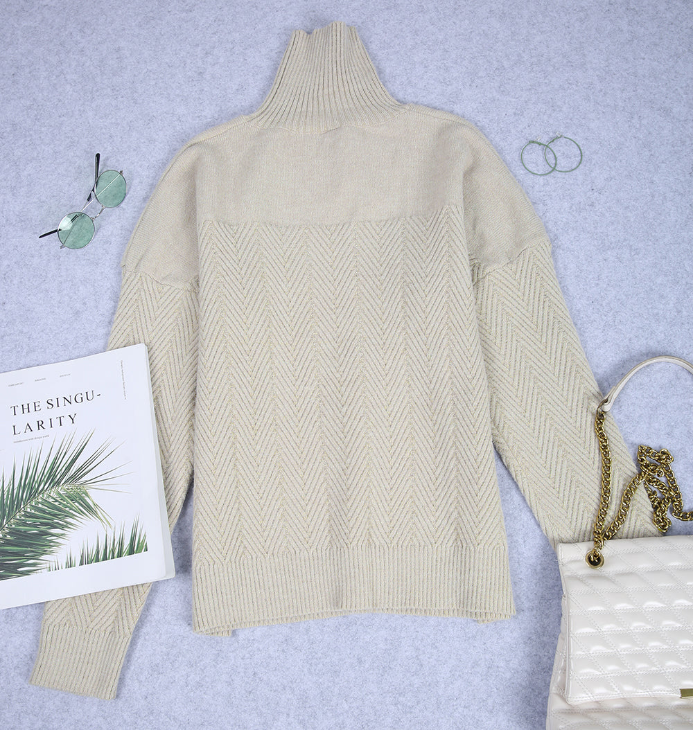 Dam Stickad Turtleneck Tröja Chevron Mönster Ull-6