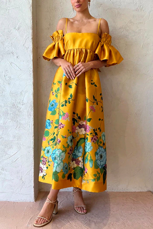 Maxiklänning Dam Blommig Kall Axel Rufsad Bomull Polyester-2