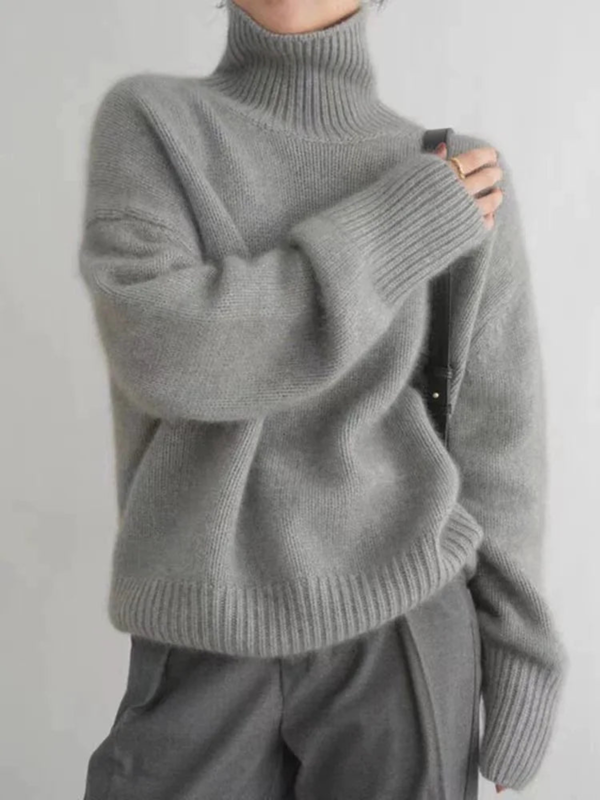 Stickad Dam Tröja Turtleneck Avslappnad Lyxig Tygkombination-1