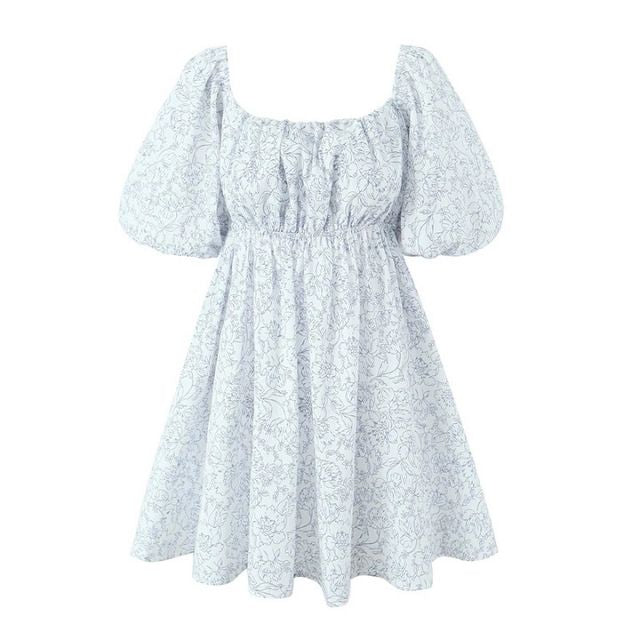 Kvinnor Blommig Klänning Puffärmar Samlad Midja Polyester-1