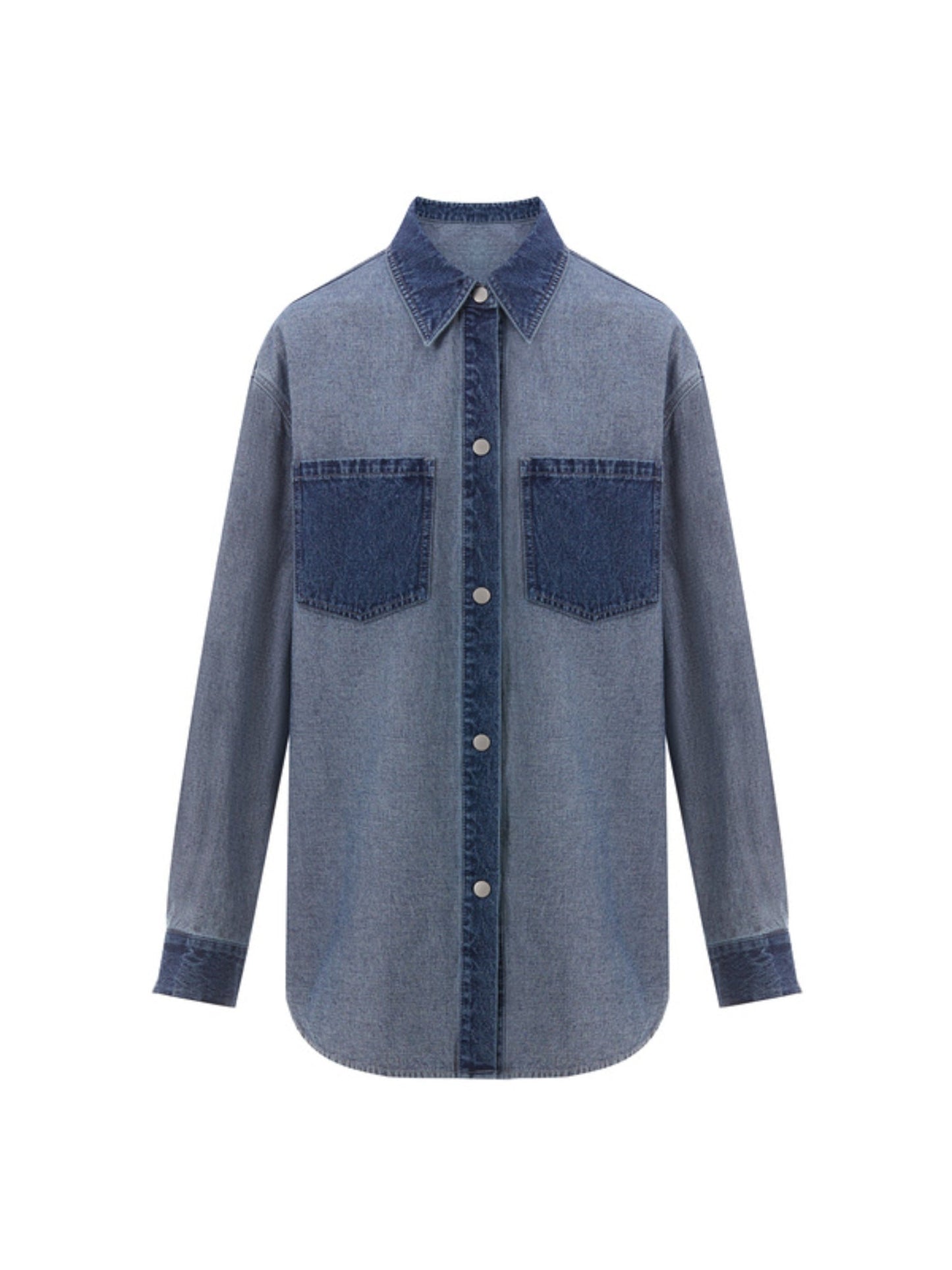 Dam Skjorta Färgblock Denim Lapptäcktsdesign-3