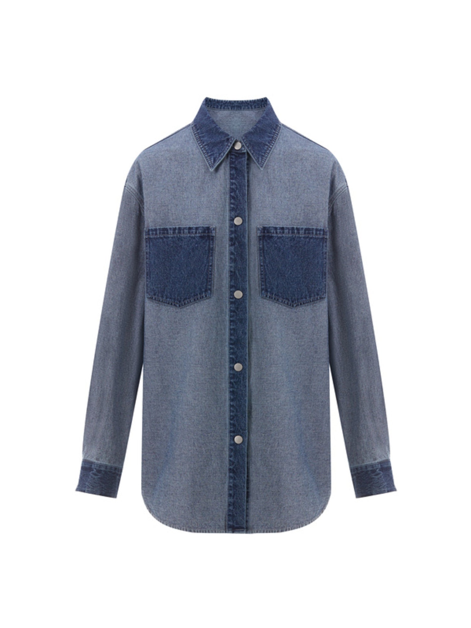 Dam Skjorta Färgblock Denim Lapptäcktsdesign-3