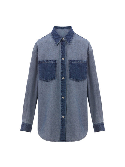 Dam Skjorta Färgblock Denim Lapptäcktsdesign-3