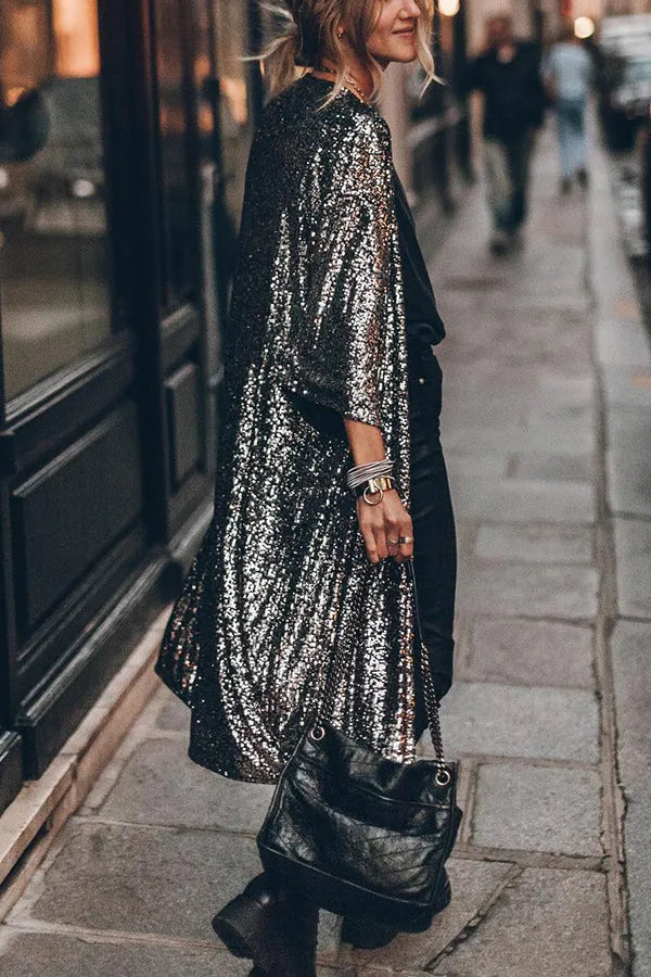 Dam Kimono Glittrande Paljetter Lätt Polyester-2