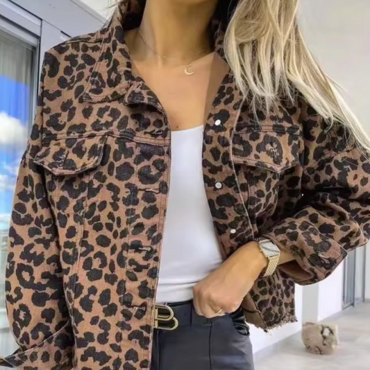 Damjacka Denim Leopardtryck Trendig-1