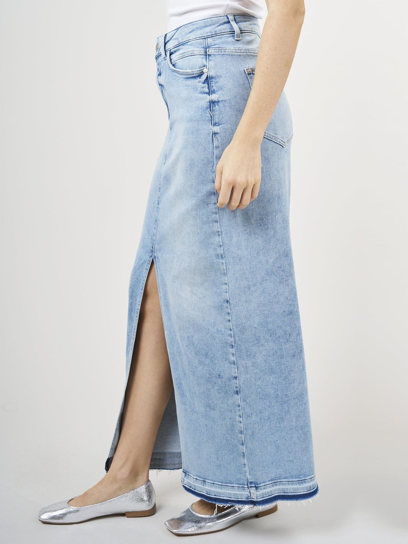 Kvinna Kjol Hög Midja Stretch Denim med Slits-2
