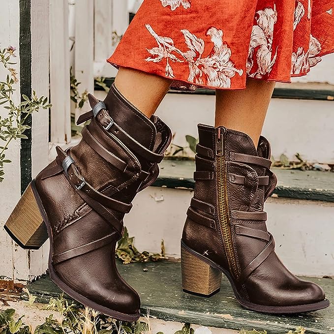 Dam Ankelstövlar Boho Stil PU-Läder med Fyrkantig Häl-6