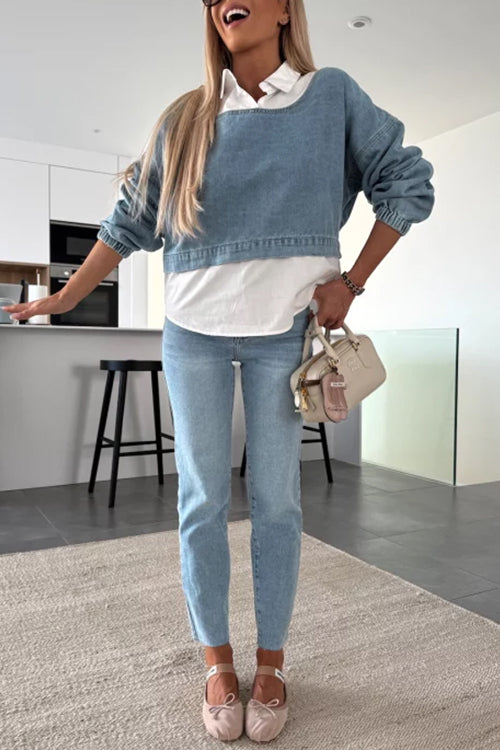 Dam Denim Top Splice-design Lång Ärmar Bomull Polyester-2