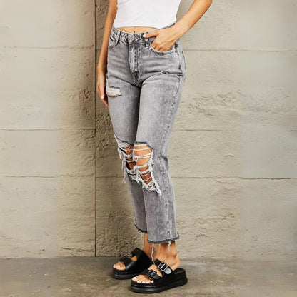 Dam Jeans med Hög Midja, Raka Ben och Trendy Acidtvätt – 98% Bomull 2