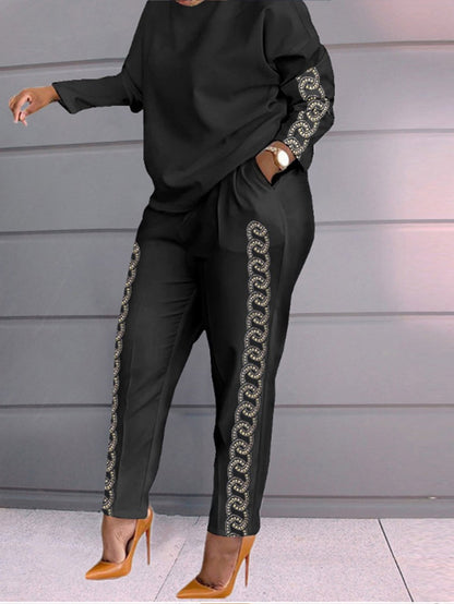 Tvådelat Set Dam Långärmad Top och Byxor i Polyester med Färgblockade Ärmar 1