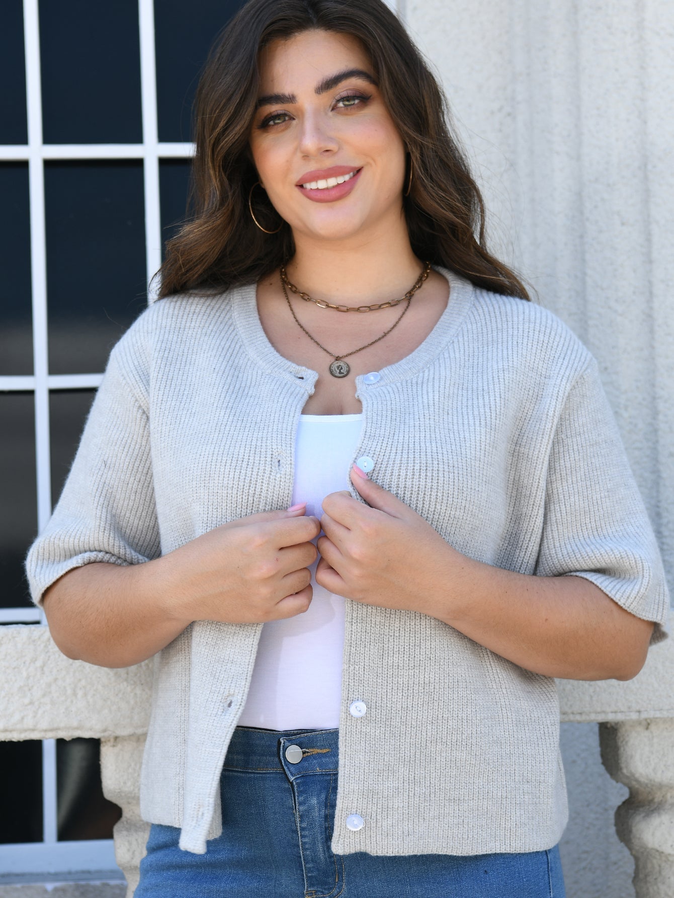 Kvinnors Cardigan Femärmad Polyester Grå-2