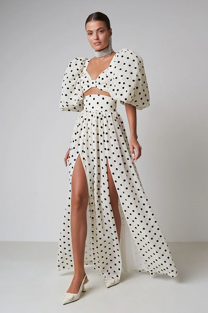 Högmidjad Polka Dot Kjol och Top Set för Dam - Stretchig Polyester, Perfekt för Sommarkläder 1