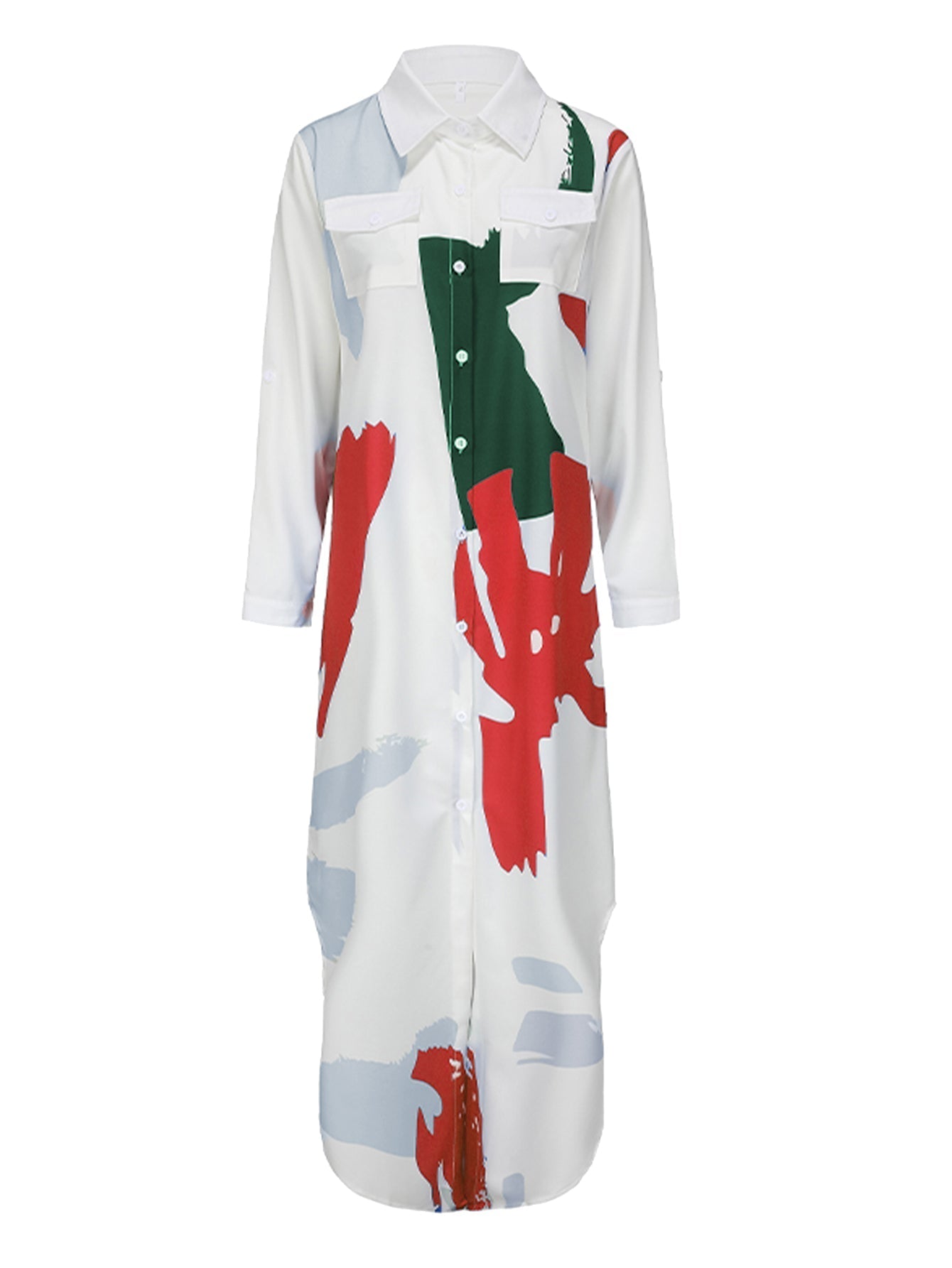 Dam Klänning Långärmad Mönstrad Polyester med Skjortkrage-3