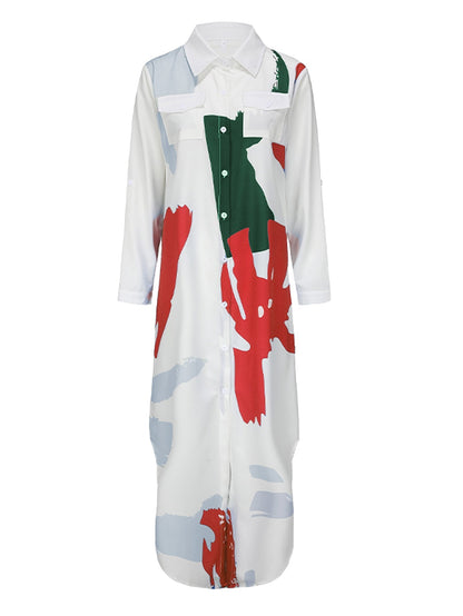 Dam Klänning Långärmad Mönstrad Polyester med Skjortkrage-3